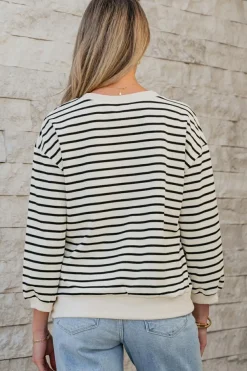 Fashion Dear-Lover Striped Big Flower Patched 3/4 Sleeve Top Black white