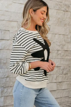 Fashion Dear-Lover Striped Big Flower Patched 3/4 Sleeve Top Black white