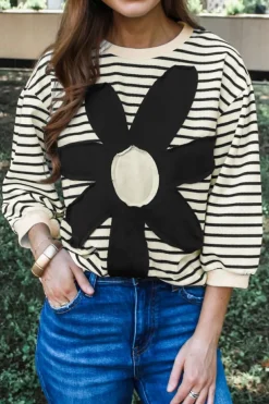 Fashion Dear-Lover Striped Big Flower Patched 3/4 Sleeve Top Black white