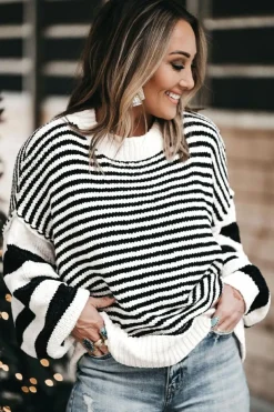 Clearance Dear-Lover Striped Drop Shoulder Bishop Sleeve Knit Sweater Black white