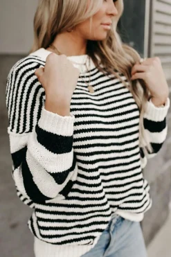 Clearance Dear-Lover Striped Drop Shoulder Bishop Sleeve Knit Sweater Black white