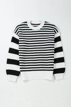 Clearance Dear-Lover Striped Drop Shoulder Bishop Sleeve Knit Sweater Black white