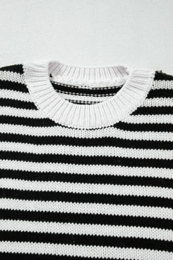 Clearance Dear-Lover Striped Drop Shoulder Bishop Sleeve Knit Sweater Black white