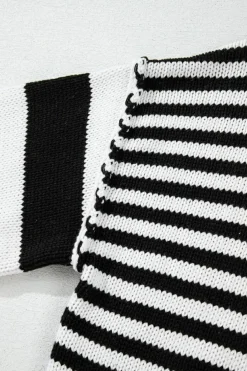 Clearance Dear-Lover Striped Drop Shoulder Bishop Sleeve Knit Sweater Black white