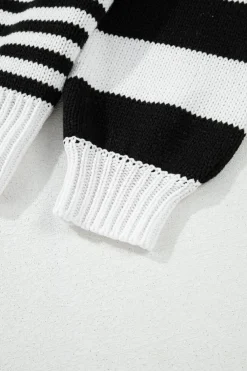 Clearance Dear-Lover Striped Drop Shoulder Bishop Sleeve Knit Sweater Black white