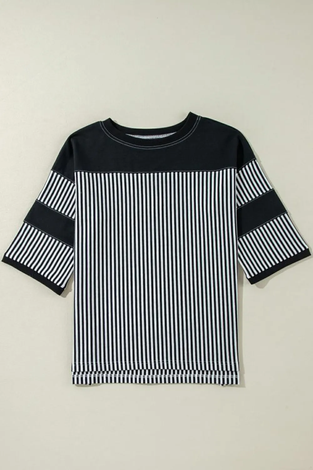 Clearance Dear-Lover Striped Patchwork 3/4 Sleeve Oversize Top Black white