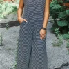 Online Dear-Lover Striped Print Buttoned Wide Leg Sleeveless Jumpsuit Black white