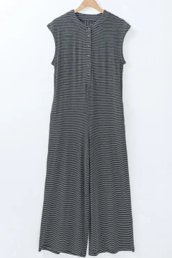 Online Dear-Lover Striped Print Buttoned Wide Leg Sleeveless Jumpsuit Black white