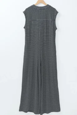 Online Dear-Lover Striped Print Buttoned Wide Leg Sleeveless Jumpsuit Black white