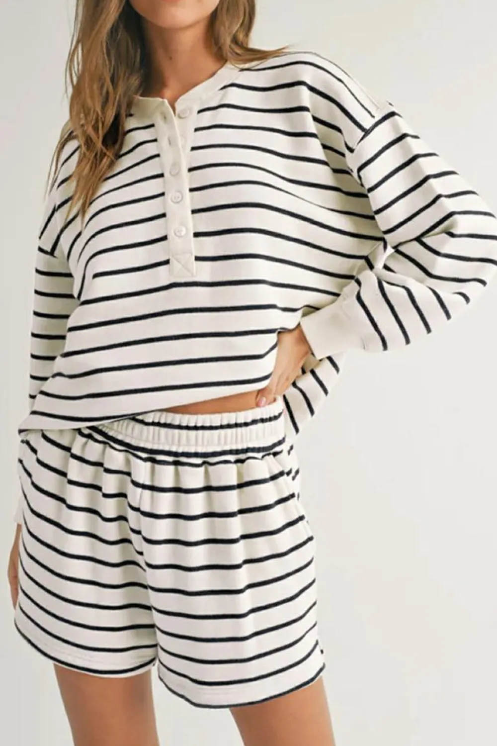 Discount Dear-Lover Stripes Printed Half Button Long Sleeve Top and Shorts Set Black white