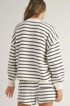 Discount Dear-Lover Stripes Printed Half Button Long Sleeve Top and Shorts Set Black white