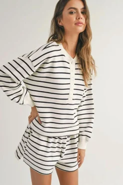 Discount Dear-Lover Stripes Printed Half Button Long Sleeve Top and Shorts Set Black white