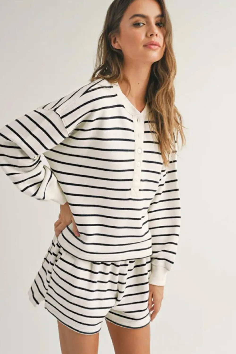 Discount Dear-Lover Stripes Printed Half Button Long Sleeve Top and Shorts Set Black white