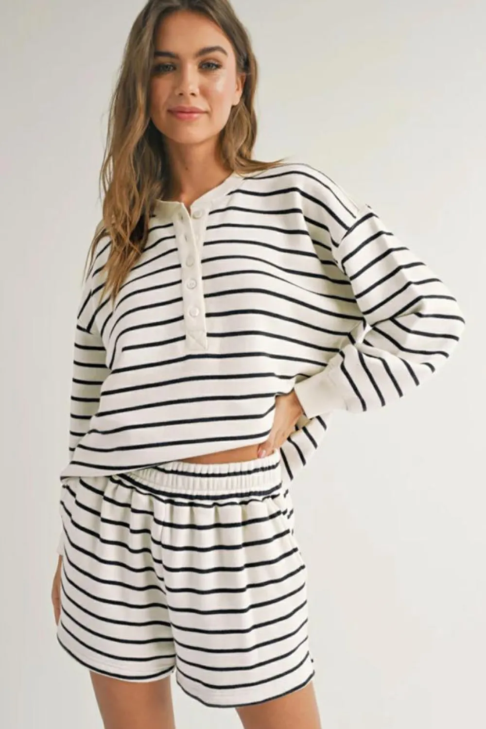 Discount Dear-Lover Stripes Printed Half Button Long Sleeve Top and Shorts Set Black white