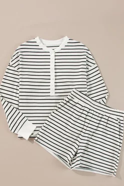 Discount Dear-Lover Stripes Printed Half Button Long Sleeve Top and Shorts Set Black white