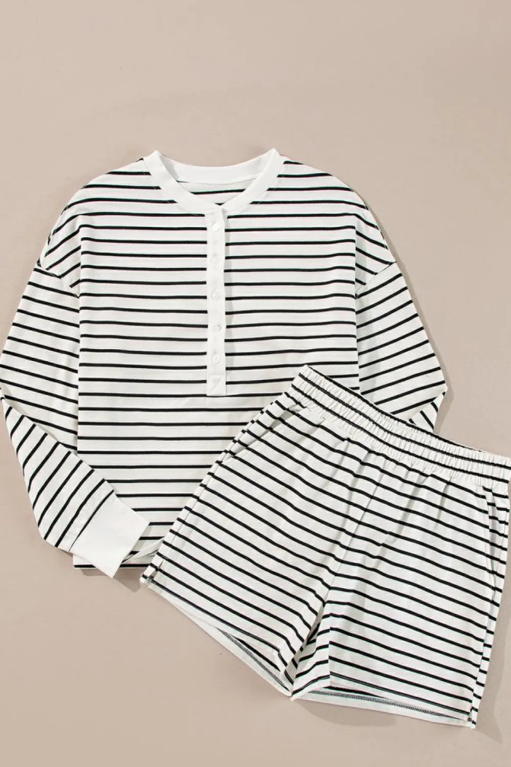 Discount Dear-Lover Stripes Printed Half Button Long Sleeve Top and Shorts Set Black white