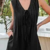 Best Dear-Lover Tie V Neck Pintuck Sleeveless Loose Romper Black white