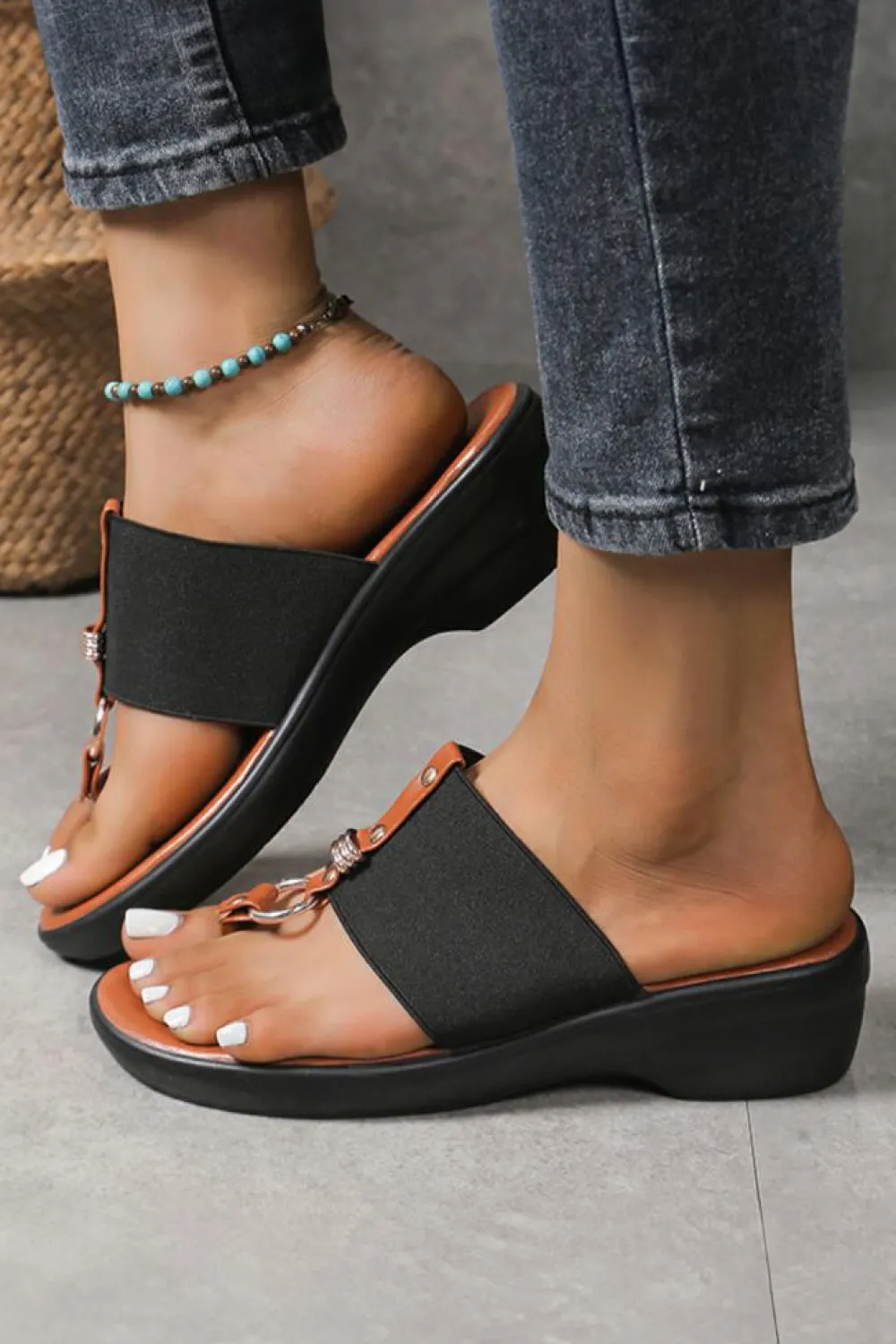 Clearance Dear-Lover Wide Band Clip Toe PU Leather Wedge Slippers Black