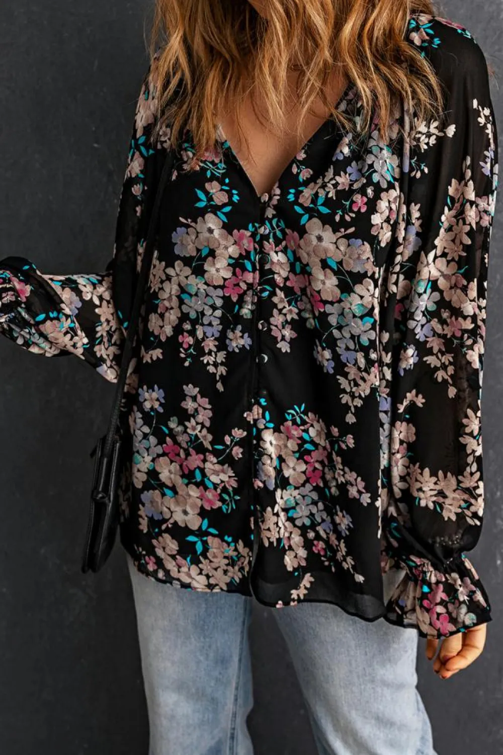 Clearance Dear-Lover Wildflower Print Chiffon Blouse Black