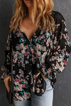 Clearance Dear-Lover Wildflower Print Chiffon Blouse Black