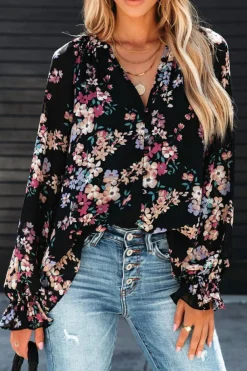Clearance Dear-Lover Wildflower Print Chiffon Blouse Black