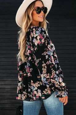 Clearance Dear-Lover Wildflower Print Chiffon Blouse Black