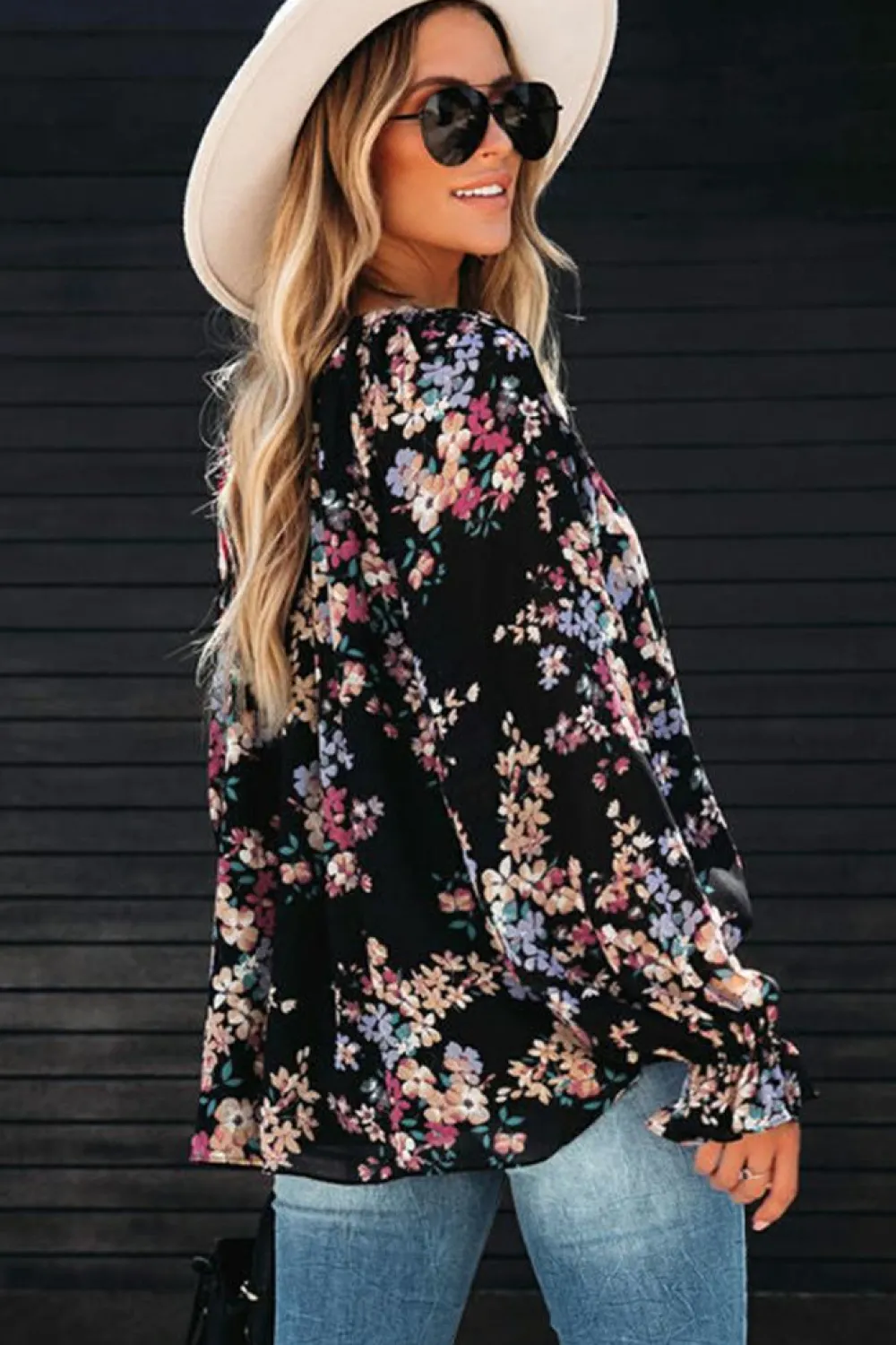 Clearance Dear-Lover Wildflower Print Chiffon Blouse Black
