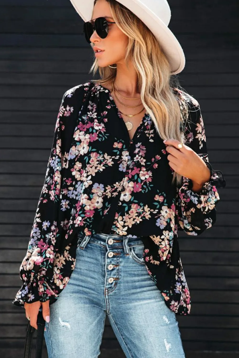 Clearance Dear-Lover Wildflower Print Chiffon Blouse Black