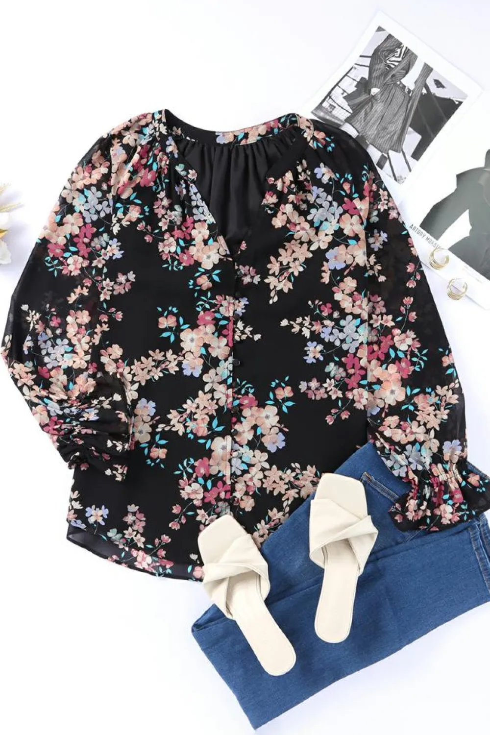 Clearance Dear-Lover Wildflower Print Chiffon Blouse Black
