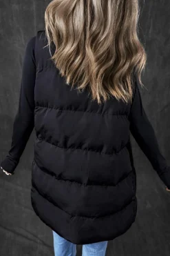 New Dear-Lover Windproof Longline Full Zipper Puffer Vest with Pockets Black