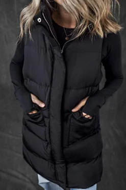 New Dear-Lover Windproof Longline Full Zipper Puffer Vest with Pockets Black