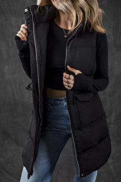 New Dear-Lover Windproof Longline Full Zipper Puffer Vest with Pockets Black