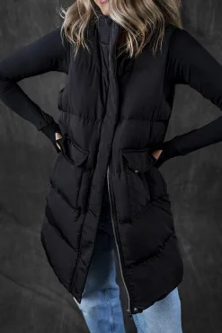 New Dear-Lover Windproof Longline Full Zipper Puffer Vest with Pockets Black