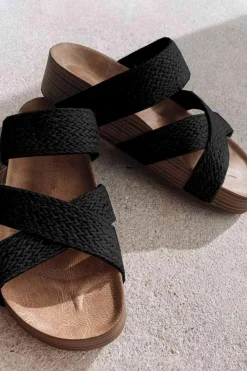 Sale Dear-Lover Woven Cross Criss Hollowed Slip-On Slippers Black