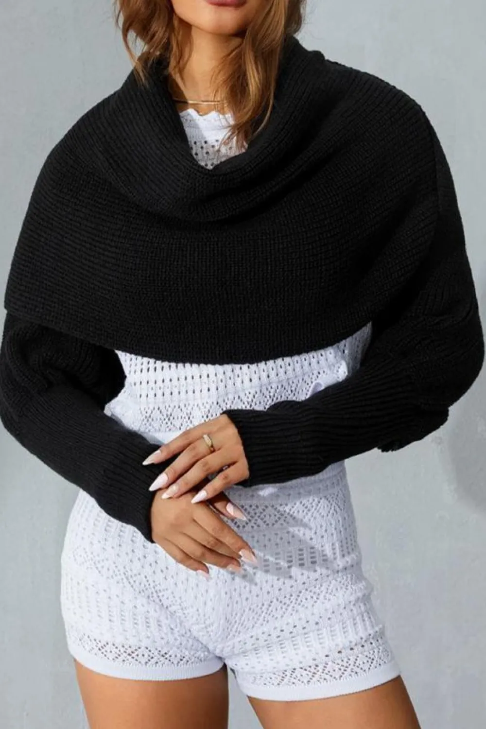 Hot Dear-Lover Wrap Up Sleeved Plain Knit Scarf Black