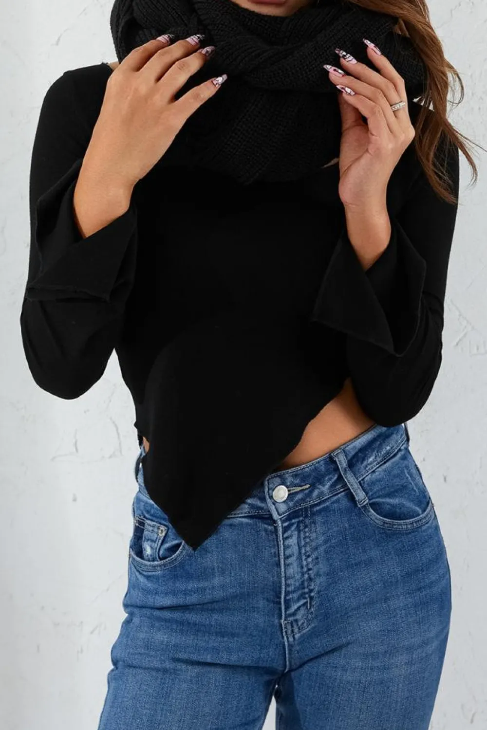 Hot Dear-Lover Wrap Up Sleeved Plain Knit Scarf Black