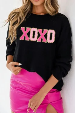 Clearance Dear-Lover Black XOXO Glitter Print Round Neck Casual Sweater Color black