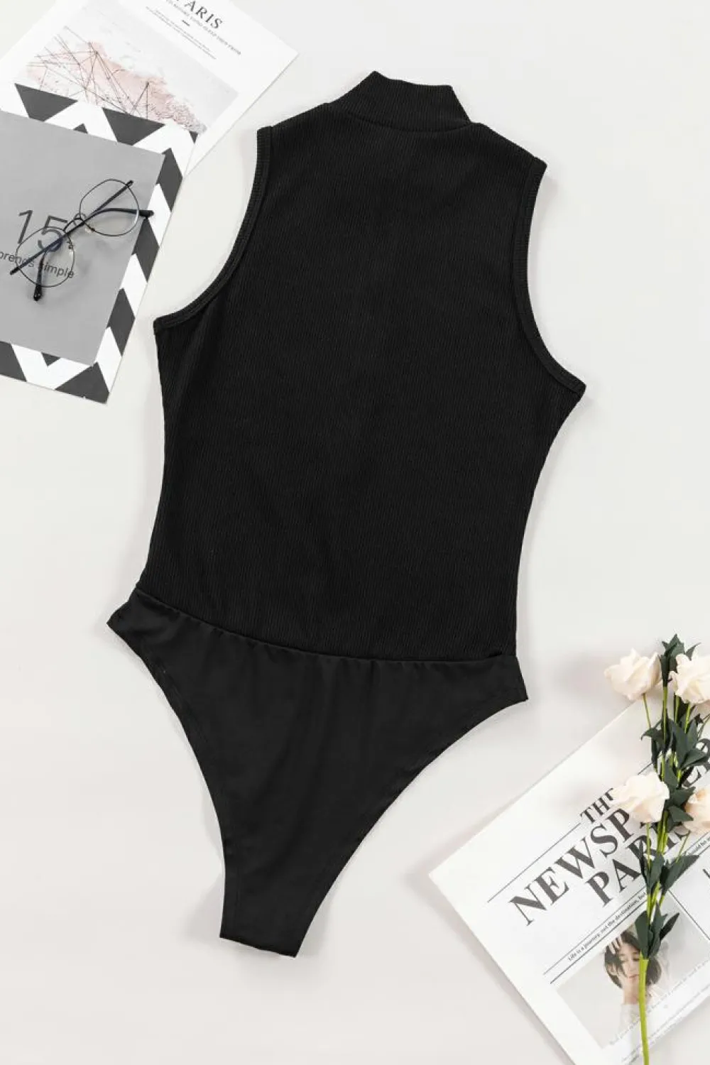 Best Dear-Lover Zip up Mock Neck Ribbed Sleeveless Bodysuit Black