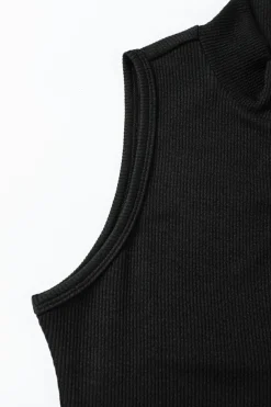 Best Dear-Lover Zip up Mock Neck Ribbed Sleeveless Bodysuit Black