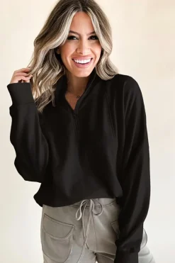 Outlet Dear-Lover Zipped Neck Pullover Drop Shoulder Sweatshirt Black