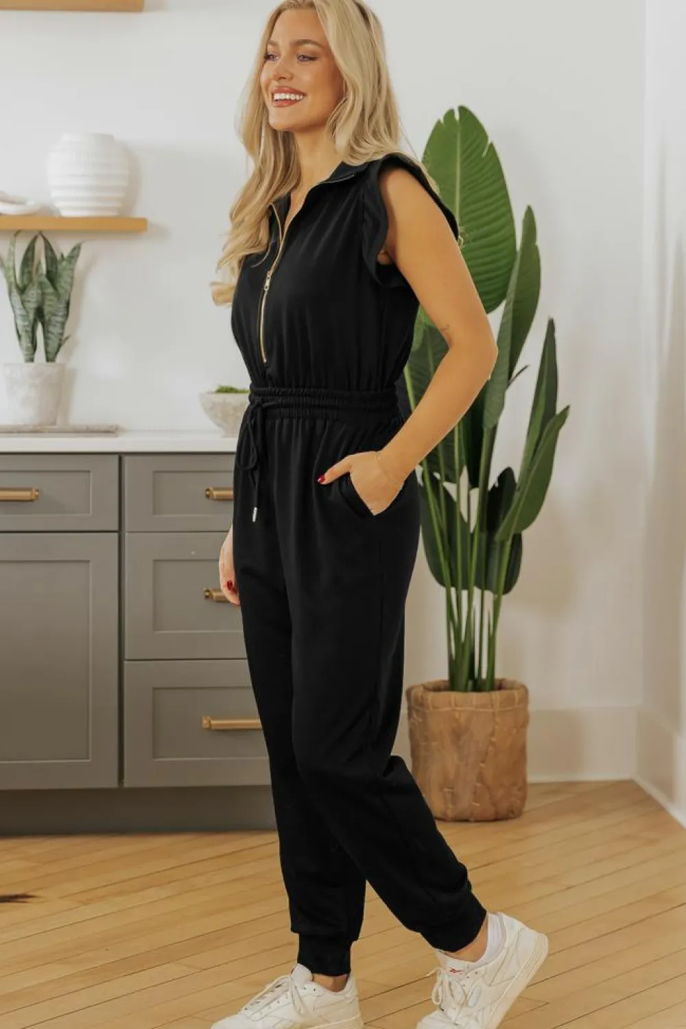Clearance Dear-Lover Zipper Flutter Sleeve Drawstring High Waist Jumpsuit Black