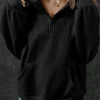 Clearance Dear-Lover Zip-up Stand Neck Kangaroo Pocket Sweatshirt Black