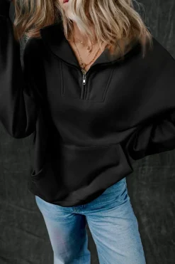 Clearance Dear-Lover Zip-up Stand Neck Kangaroo Pocket Sweatshirt Black