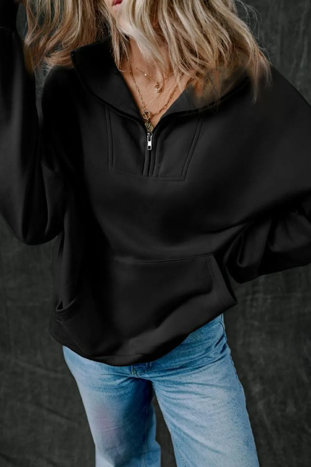 Clearance Dear-Lover Zip-up Stand Neck Kangaroo Pocket Sweatshirt Black