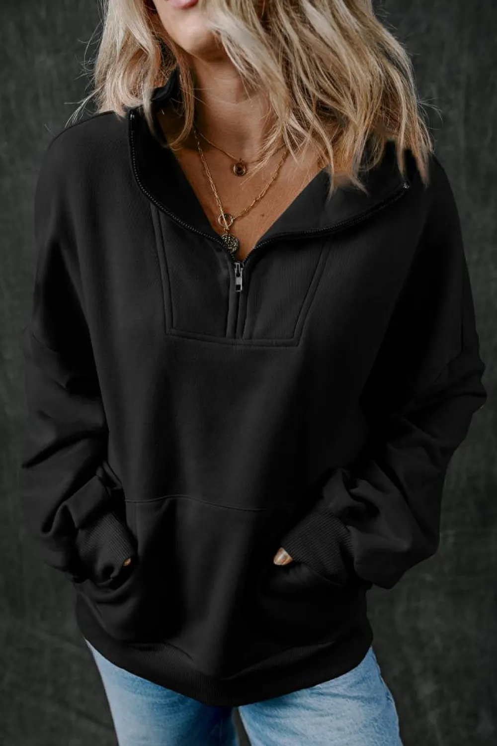 Clearance Dear-Lover Zip-up Stand Neck Kangaroo Pocket Sweatshirt Black