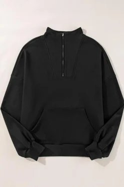 Clearance Dear-Lover Zip-up Stand Neck Kangaroo Pocket Sweatshirt Black