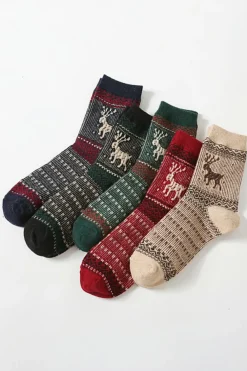 New Dear-Lover 5 Pairs/Set Christmas Reindeer Soft Crew Socks Blackish Green