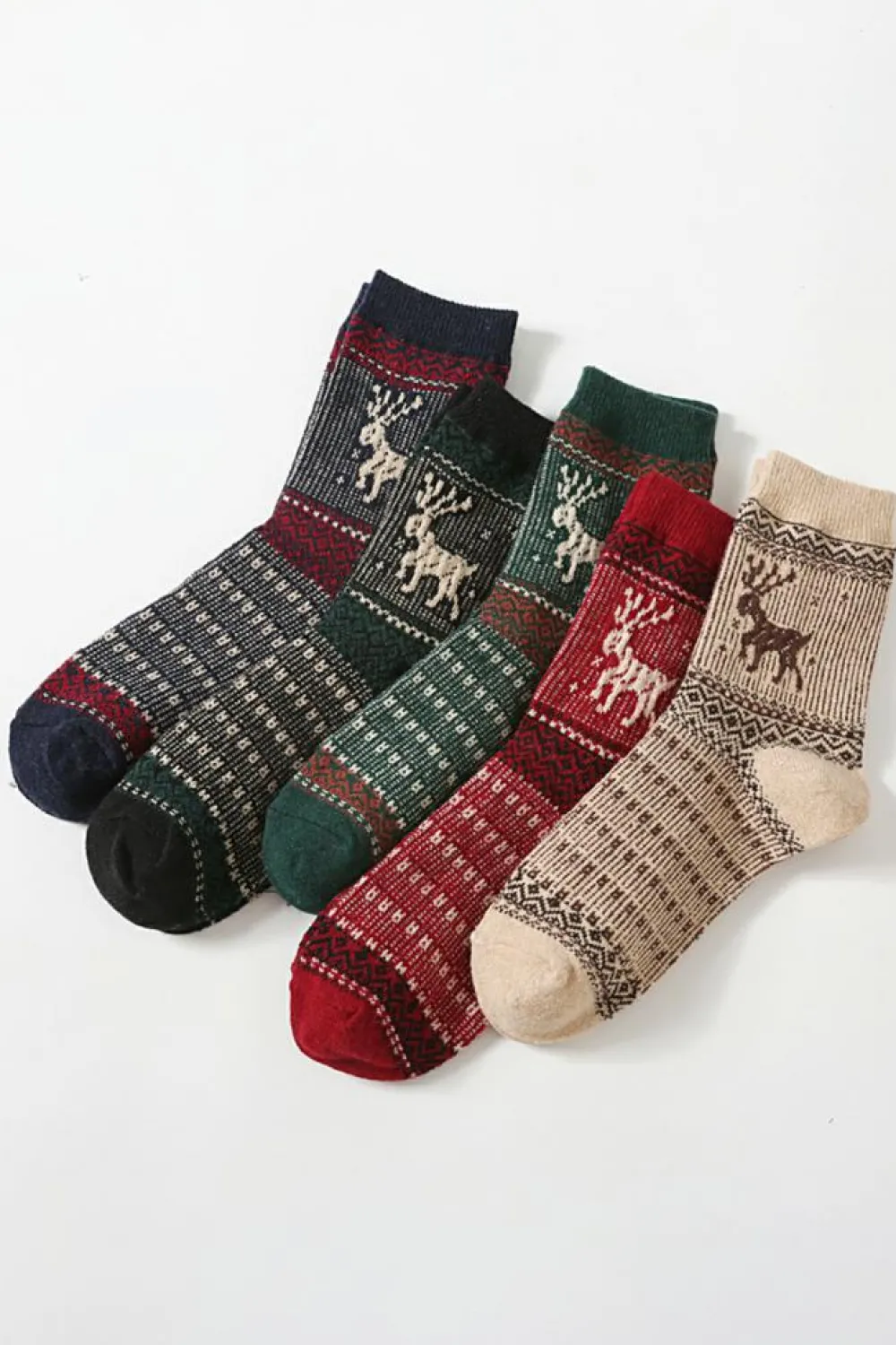 New Dear-Lover 5 Pairs/Set Christmas Reindeer Soft Crew Socks Blackish Green