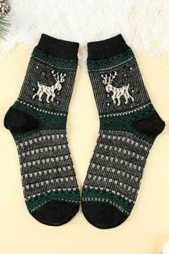 New Dear-Lover 5 Pairs/Set Christmas Reindeer Soft Crew Socks Blackish Green