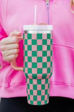 Fashion Dear-Lover Checkered Print Handle Large Vacuum Cup 40OZ Blackish Green